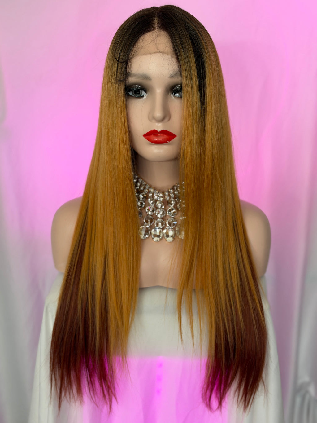 Peluca 183 de Cabello Semi ~ Natural 34 Pulgadas, Naranja puntas Ginger, Lace Frontal.