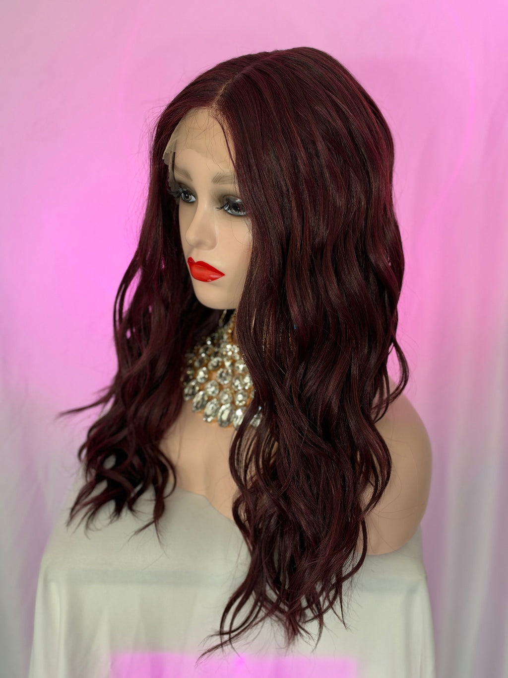 Peluca 199 de Cabello Semi ~ Natural 30 Pulgadas, Burgandy, Lace Frontal.
