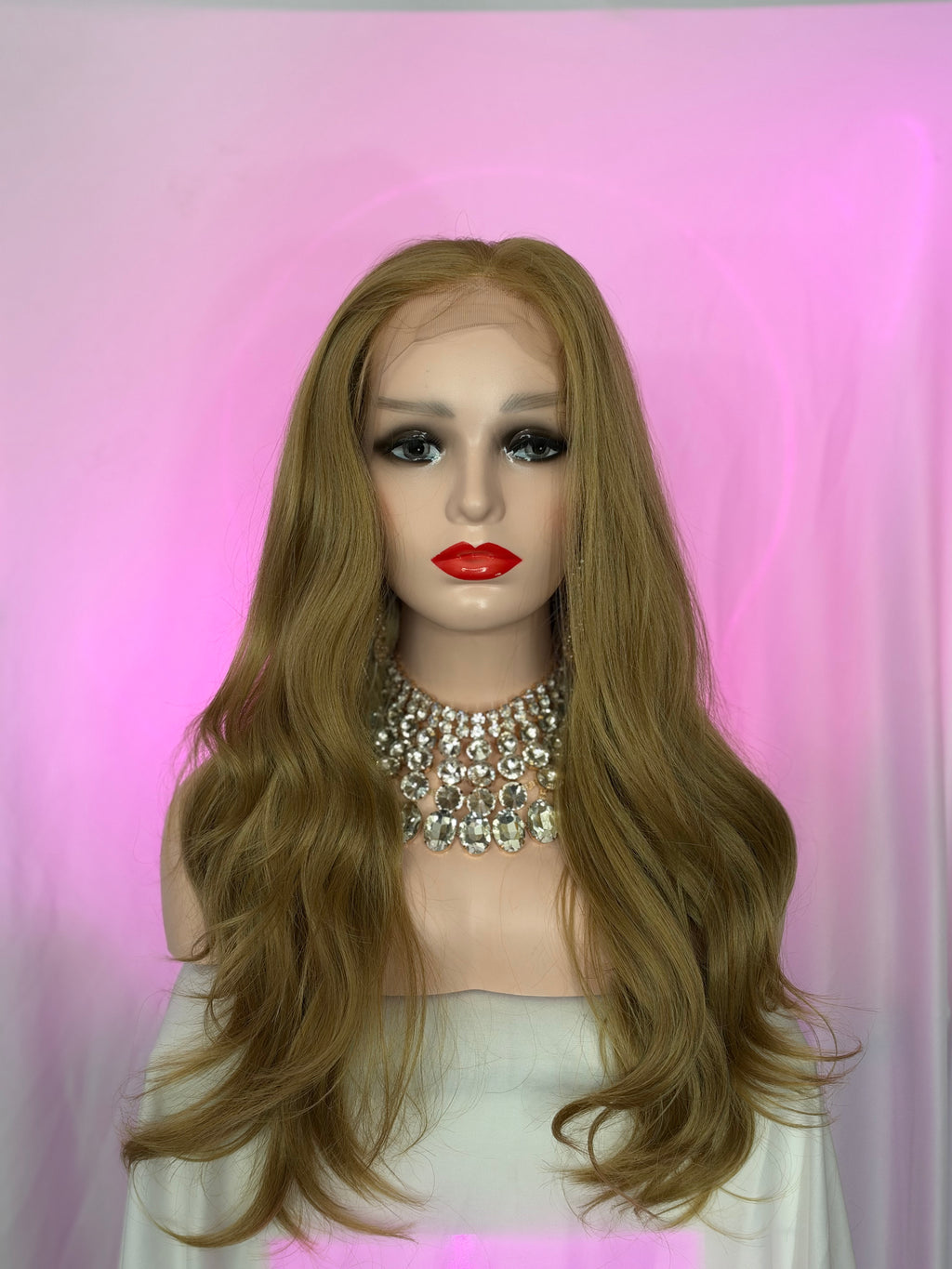 Peluca 223 de Cabello 100% Fibra premium 32 pulgadas, Rubio Dorado, Lace Frontal, Partidura Libre.