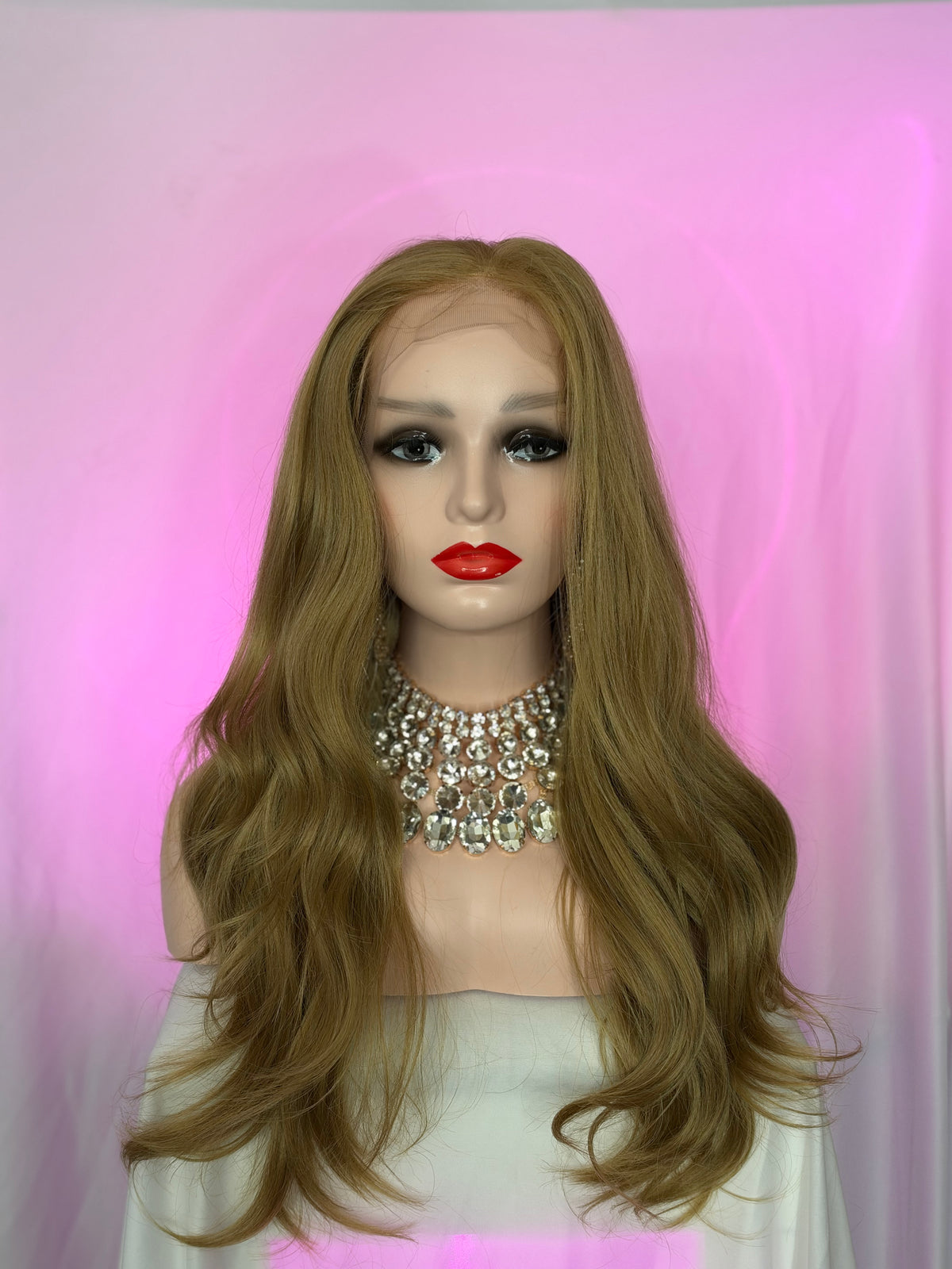 Peluca 223 de Cabello 100% Fibra premium 32 pulgadas, Rubio Dorado, Lace Frontal, Partidura Libre.