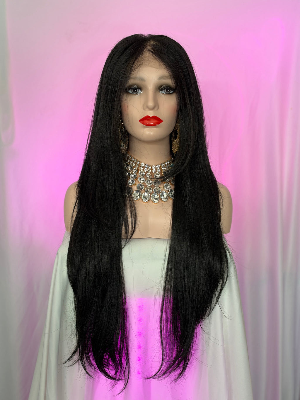 Peluca 237 de Cabello Fibra 100% Premium 34 Pulgadas Negro Natural, Partidura Libre, Lace Frontal.