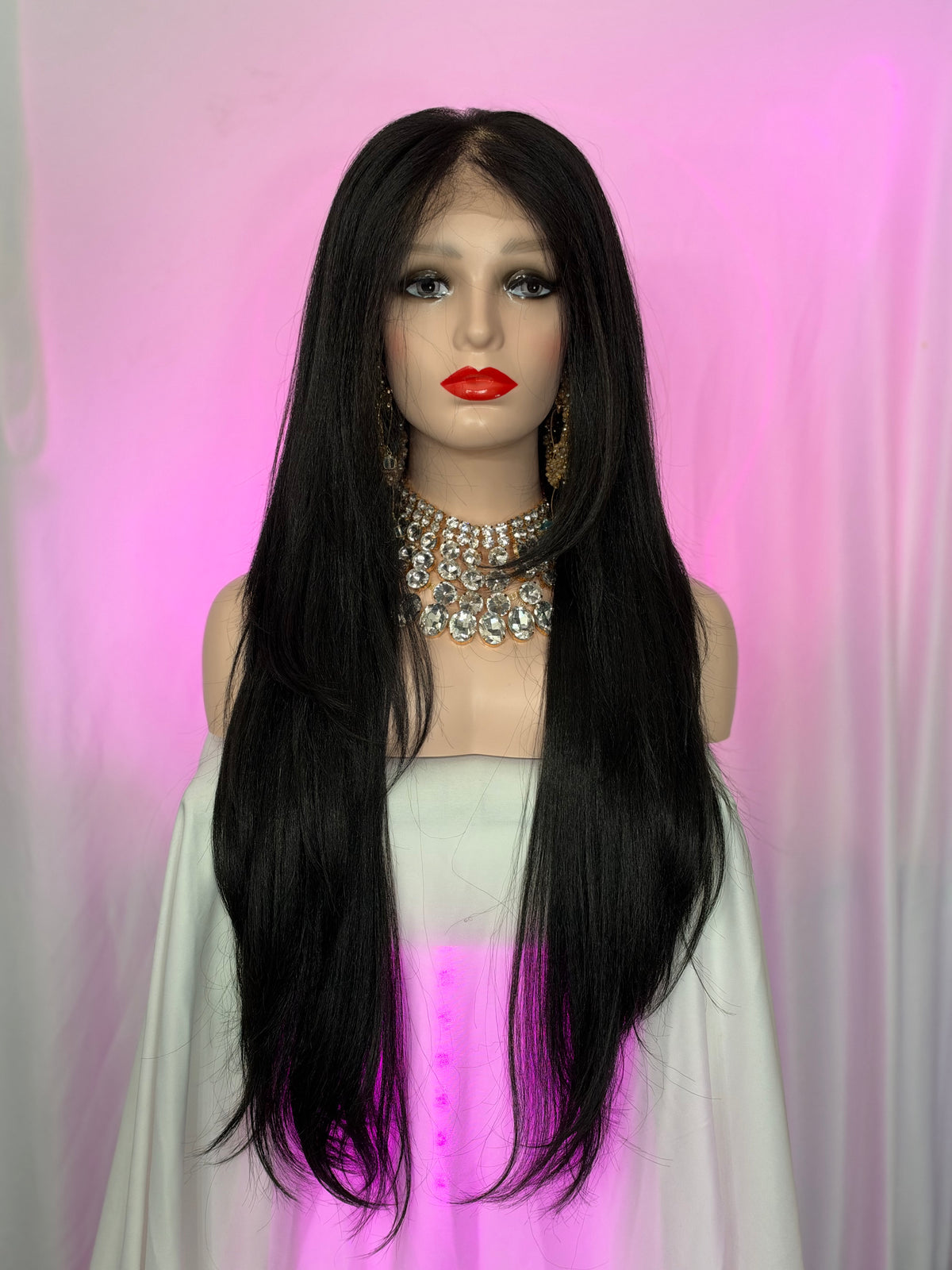 Peluca 237 de Cabello Fibra 100% Premium 34 Pulgadas Negro Natural, Partidura Libre, Lace Frontal.