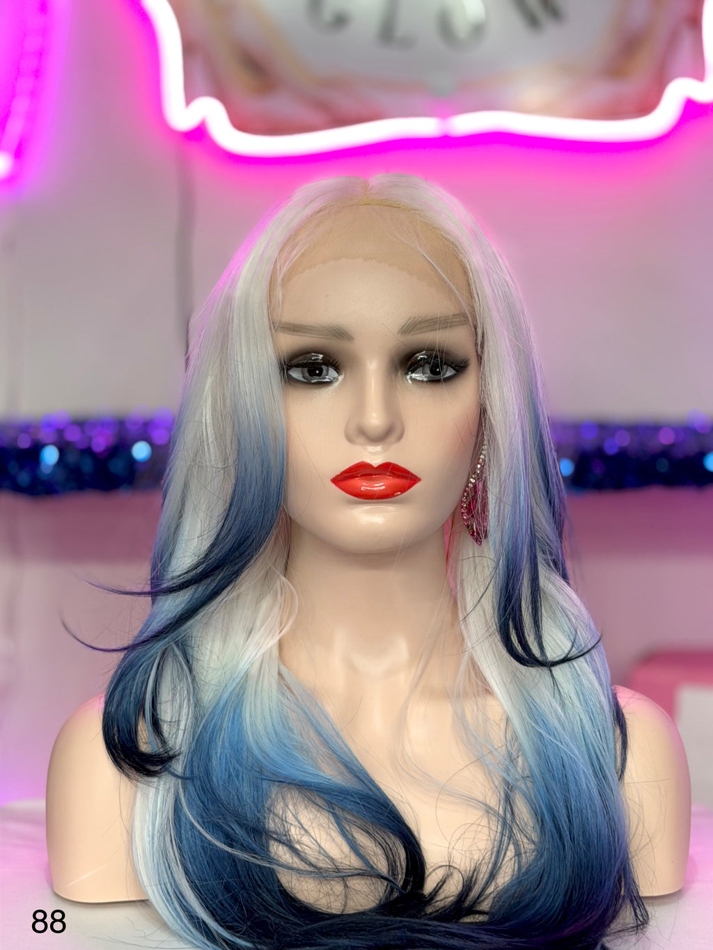 Peluca Natural 100% Cabello Humano-Blanca/Puntas azules