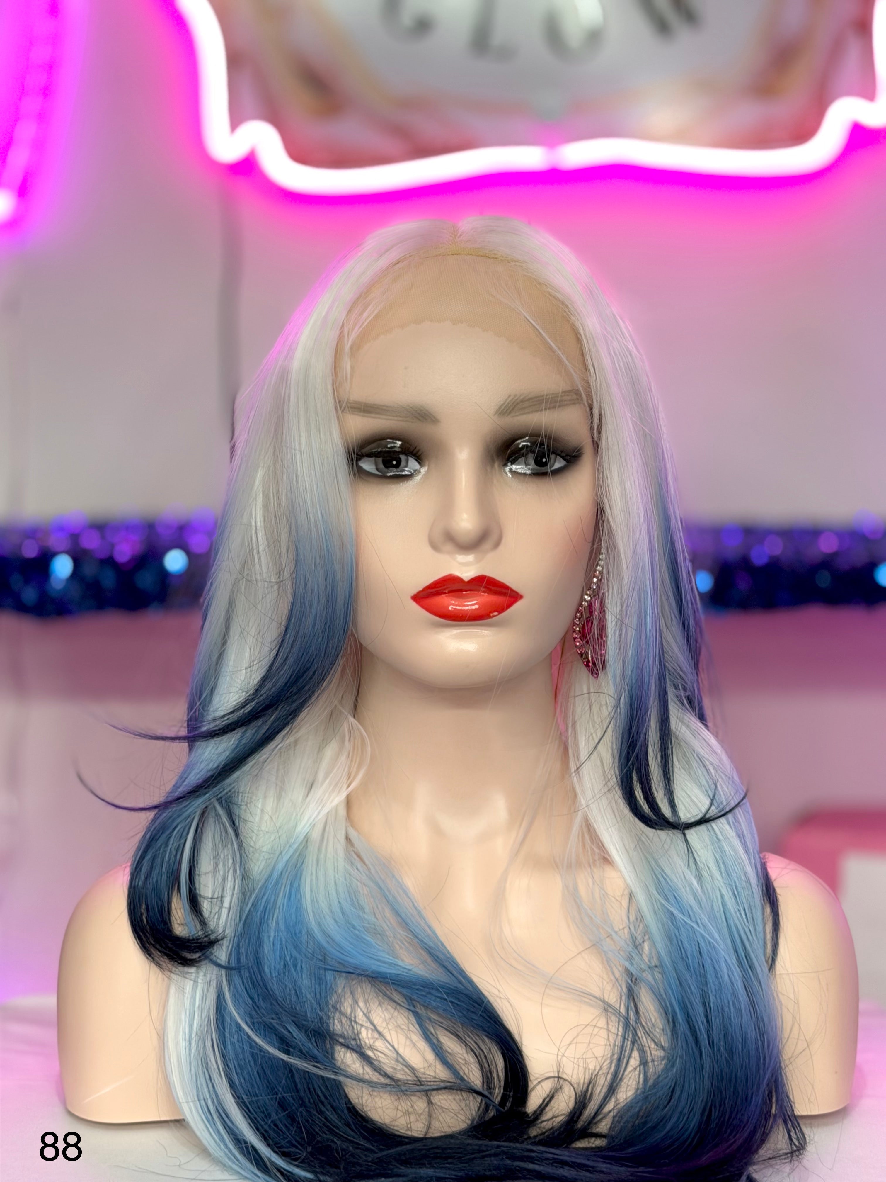 Peluca Natural 100% Cabello Humano-Blanca/Puntas azules