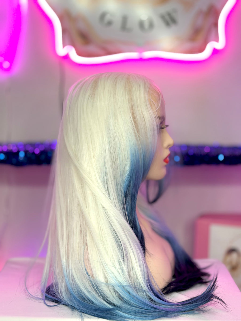 Peluca Natural 100% Cabello Humano-Blanca/Puntas azules