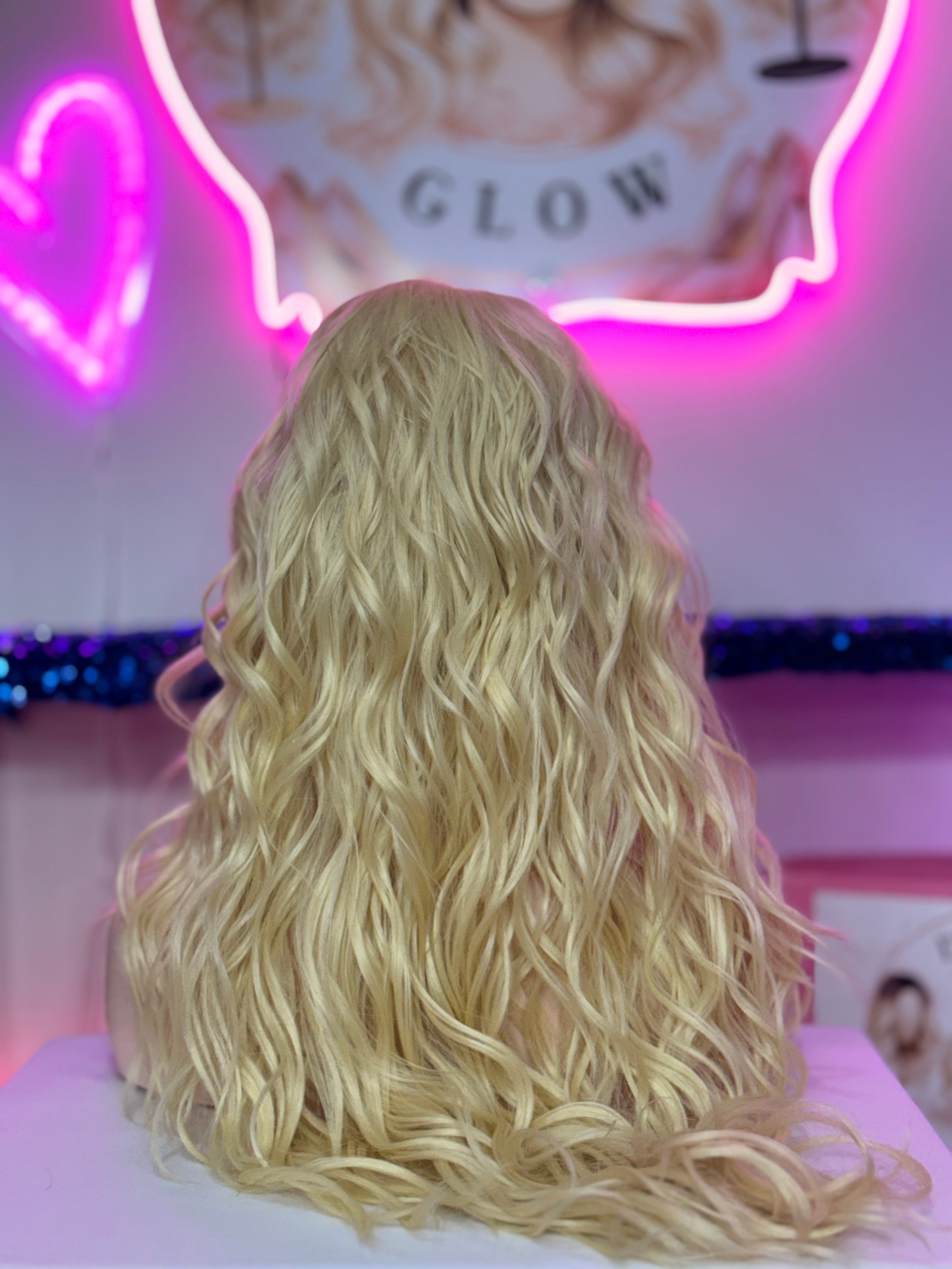 Peluca 50% Cabello Natural Humano, 50% Cabello Sintético Fibra Premium-Rubio/Amarillo